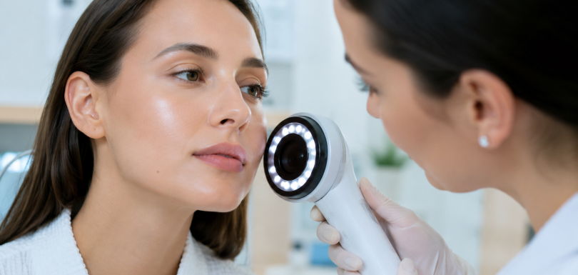 Dermatologist analyzing facial skin pigmentation with a skin scanner for melasma treatment at Clinica Ajman