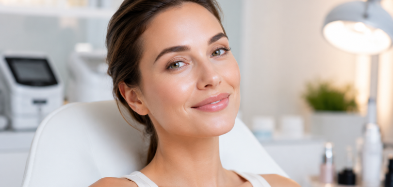 Young woman with smooth healthy skin smiling in an aesthetic clinic, preventative botox concept at Clinica Ajman